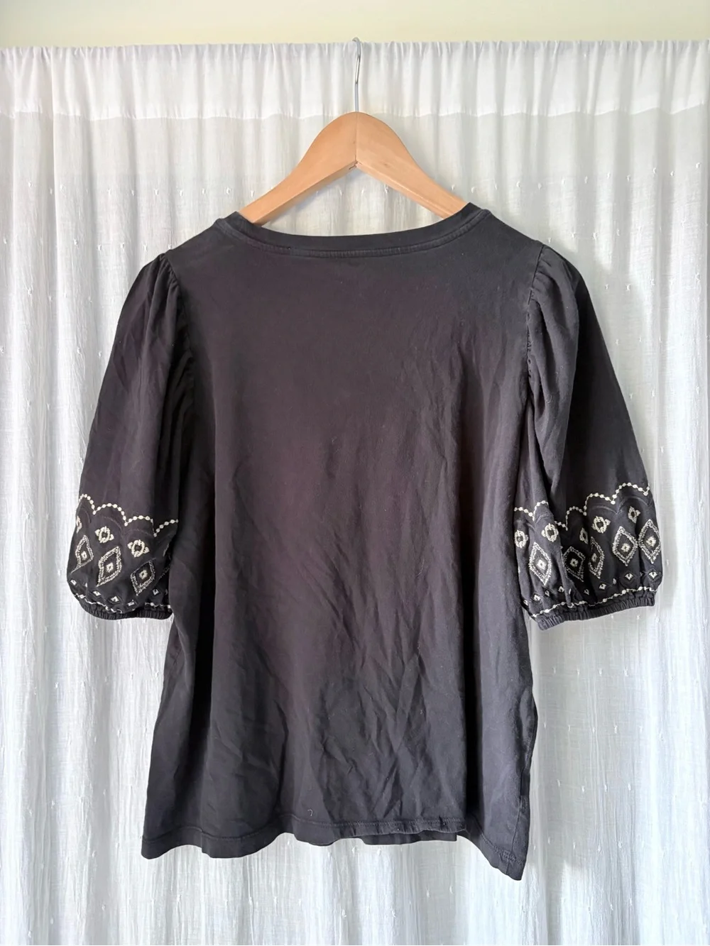 LOFT Black Puff-Sleeve Tee with Embroidered Sleeves